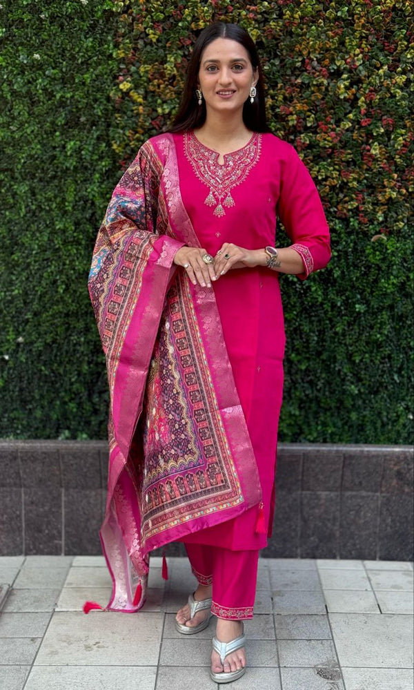 Lorenvalley Fashion Magenta Roman Silk Embroidery Multi Work Kurta Pant with Dupatta