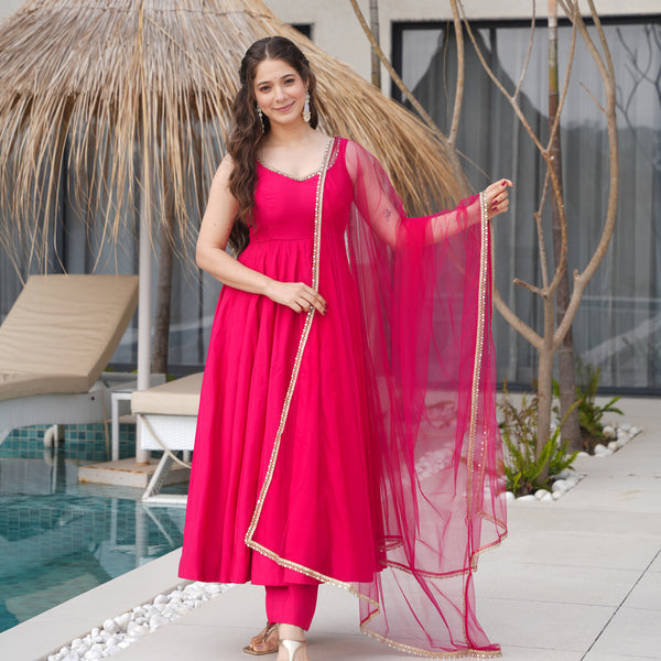 Lorenvalley Magenta Pure Romansilk Chanderi Fabric Yoke Fancy Lace Work Anarkali Kurta Pant With Dupatta Set - Distacart