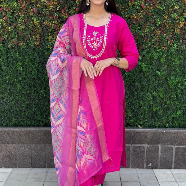 Lorenvalley Fashion Magenta Roman Silk Hand Work Kurta Pant with Dupatta - Distacart