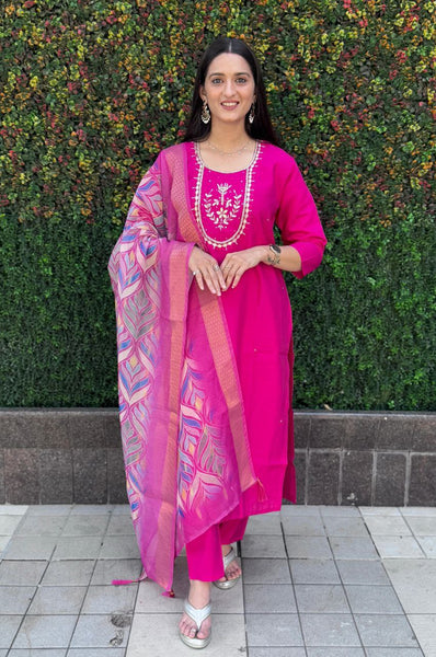 Lorenvalley Fashion Magenta Roman Silk Hand Work Kurta Pant with Dupatta