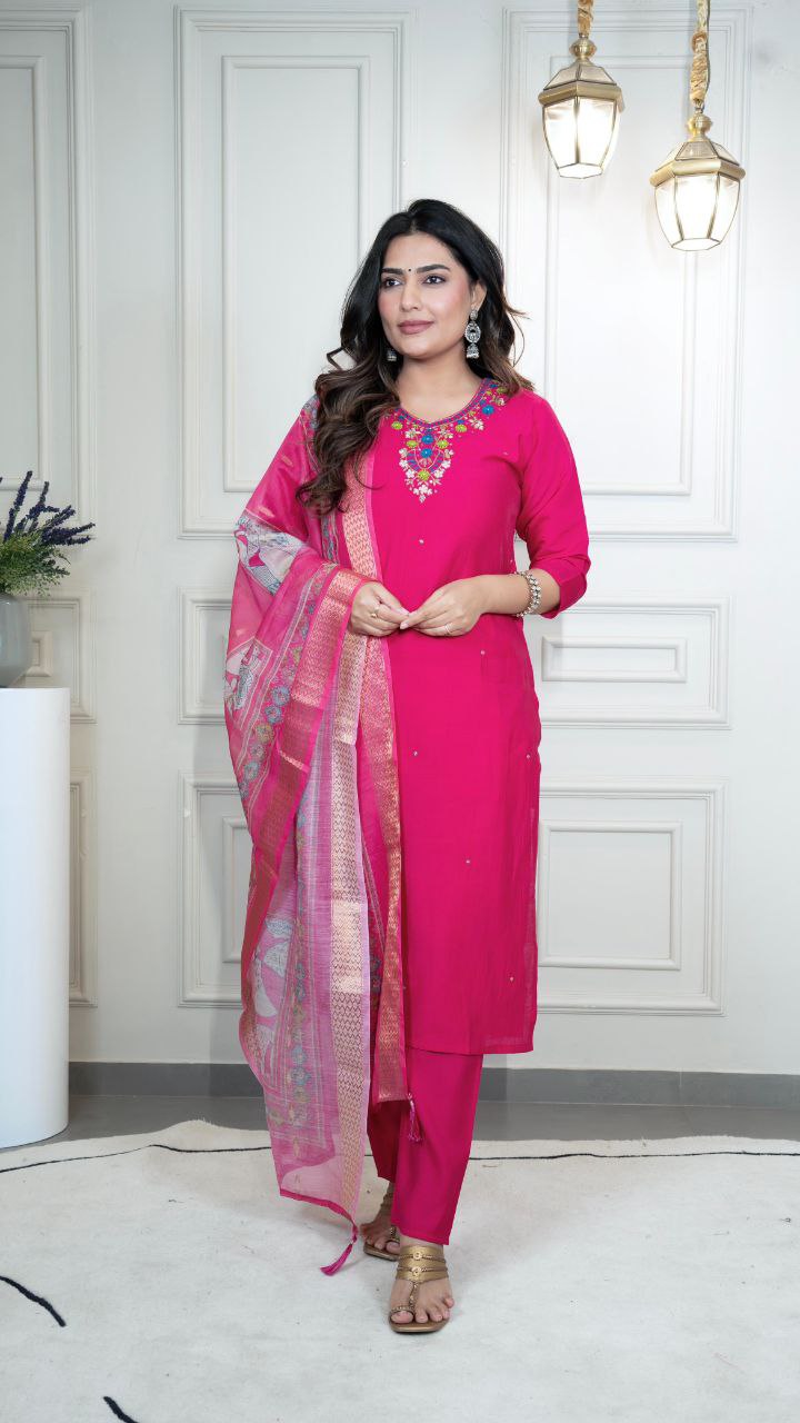 Lorenvalley Fashion Magenta Roman Silk Hand Work Kurta Pant with Dupatta