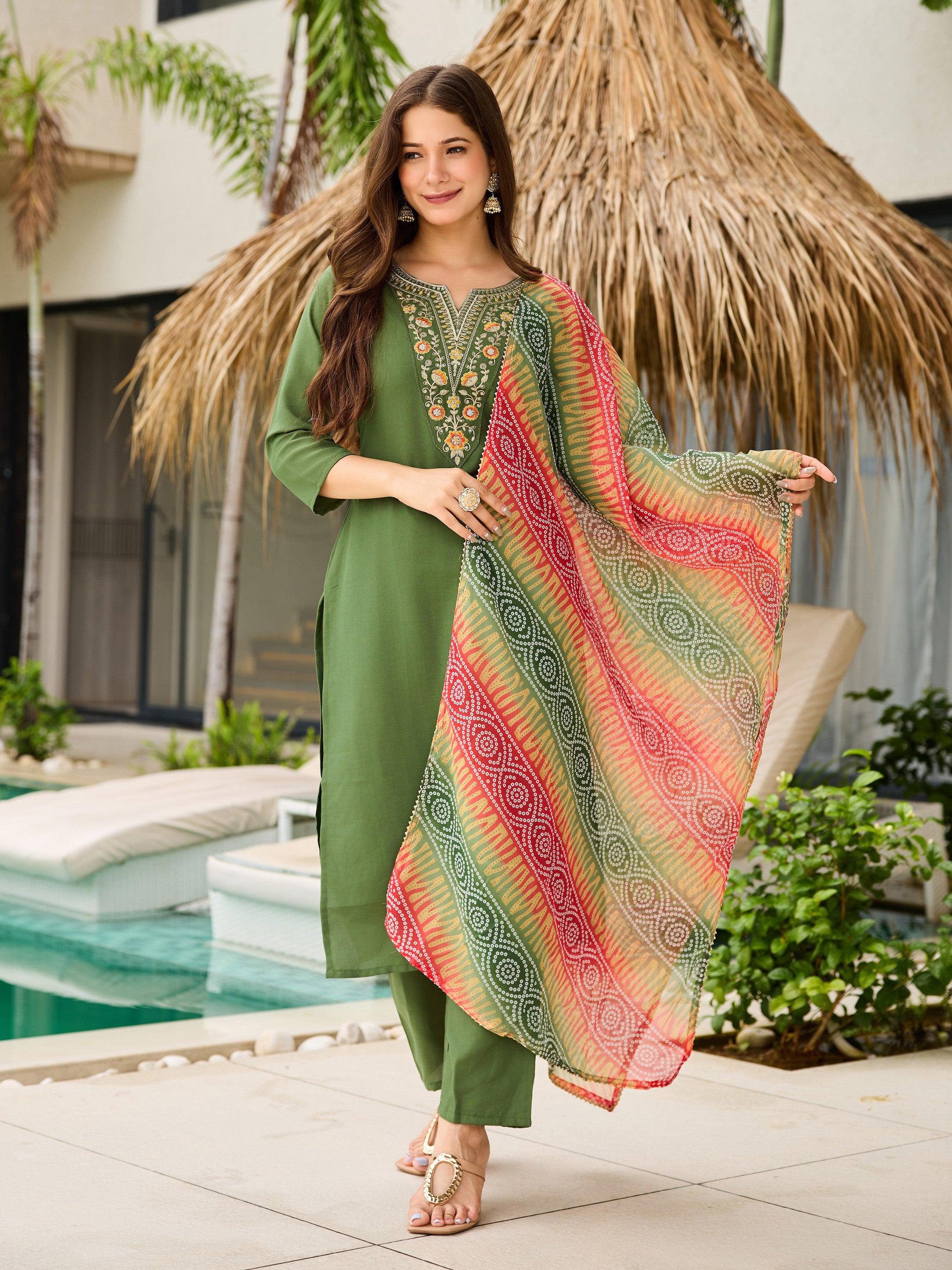The52 Women's Gorgeous Rayon Embroidery work Straight Kurta with Pant and Dupatta Set