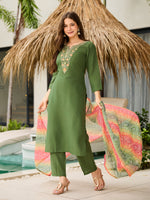 Thumbnail for The52 Women's Gorgeous Rayon Embroidery work Straight Kurta with Pant and Dupatta Set