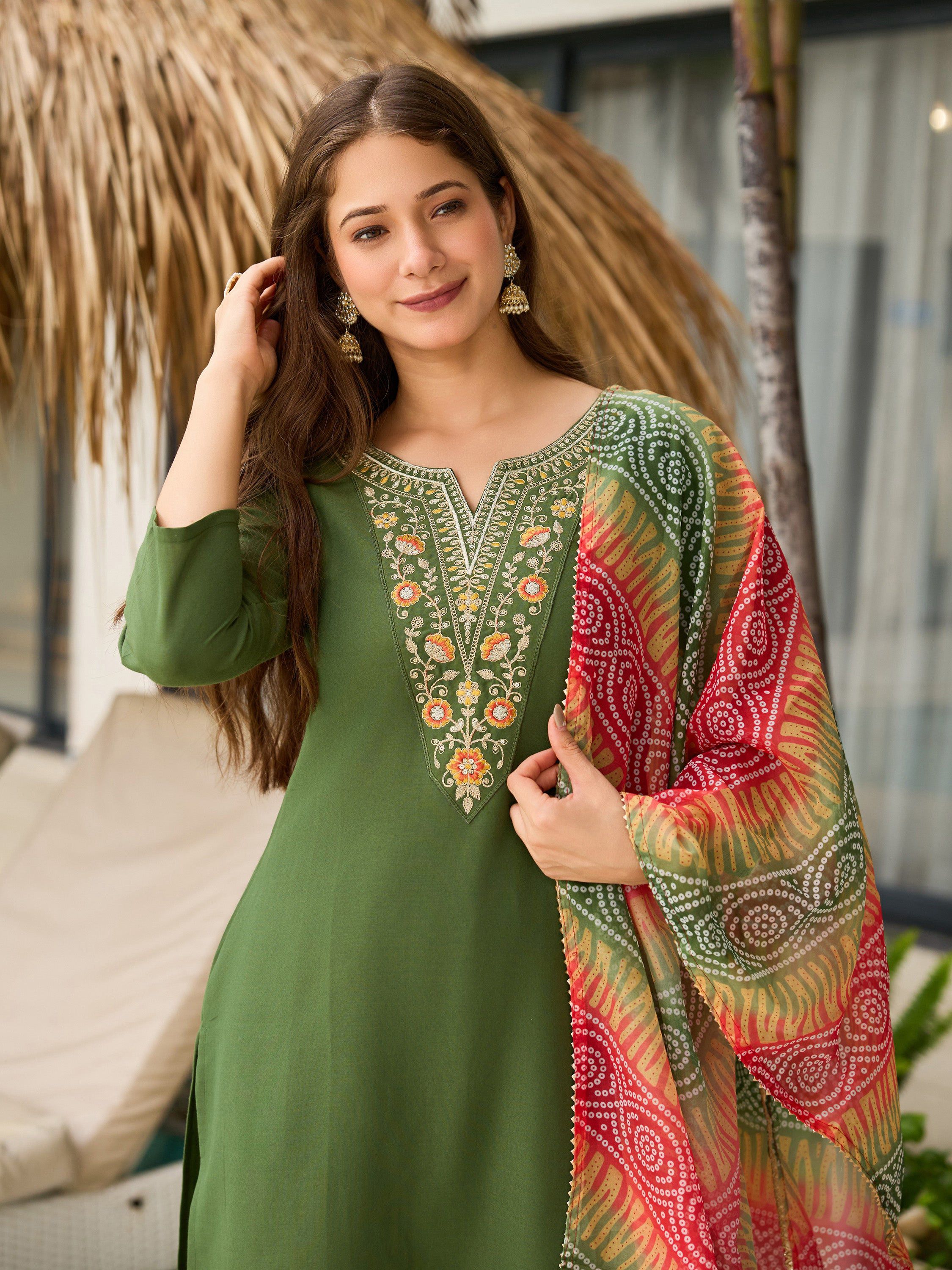 The52 Women's Gorgeous Rayon Embroidery work Straight Kurta with Pant and Dupatta Set
