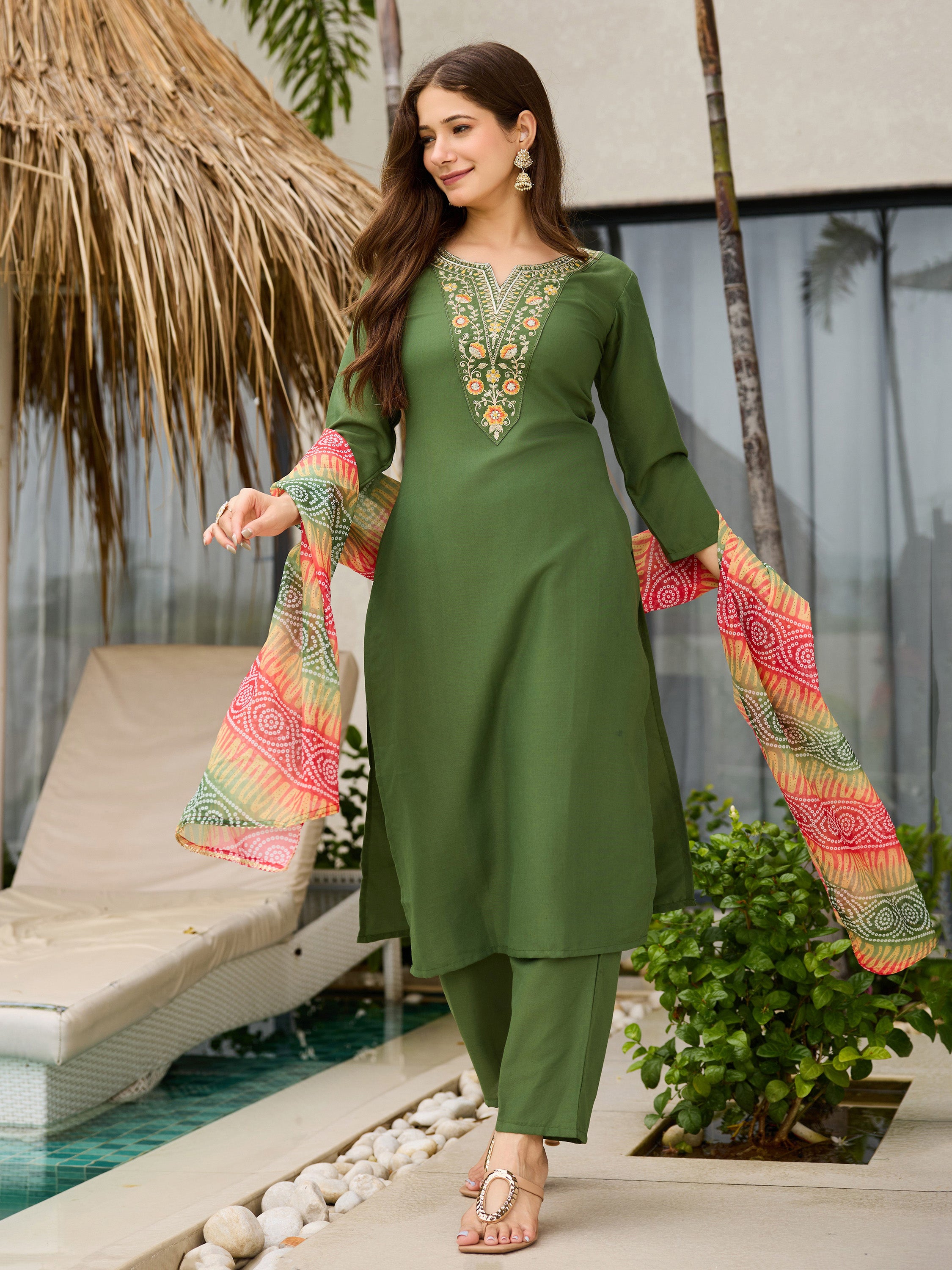 The52 Women's Gorgeous Rayon Embroidery work Straight Kurta with Pant and Dupatta Set
