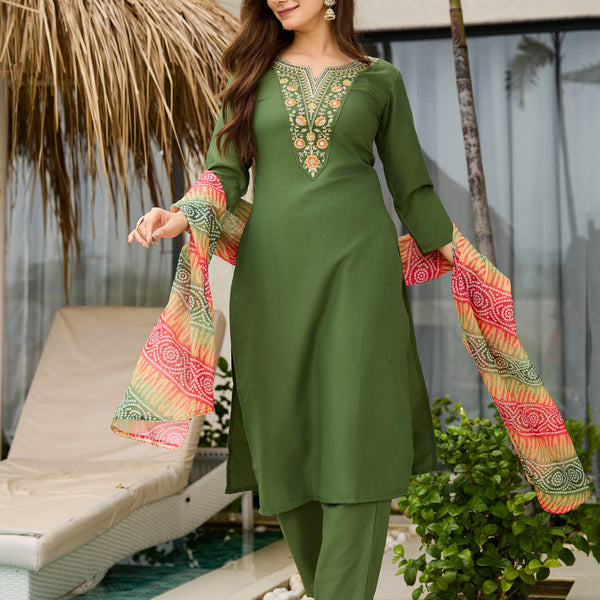 The52 Women's Gorgeous Rayon Embroidery work Straight Kurta with Pant and Dupatta Set