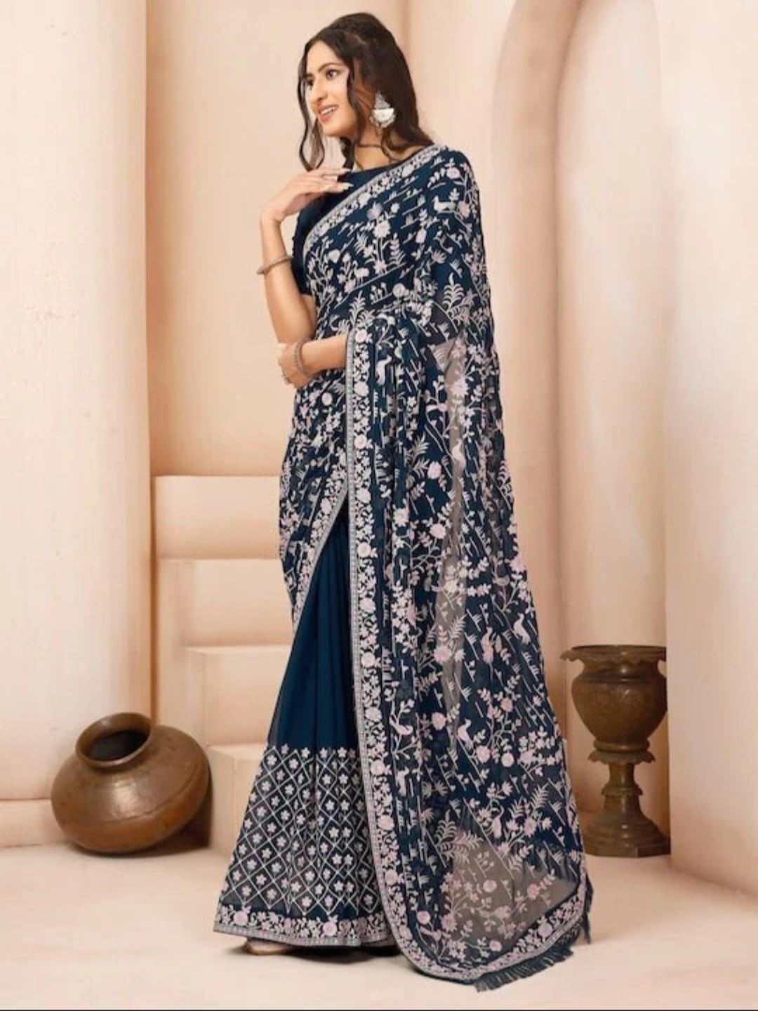 Vamika Embroidery Rama Green Georgette Bollywood Saree - Distacart
