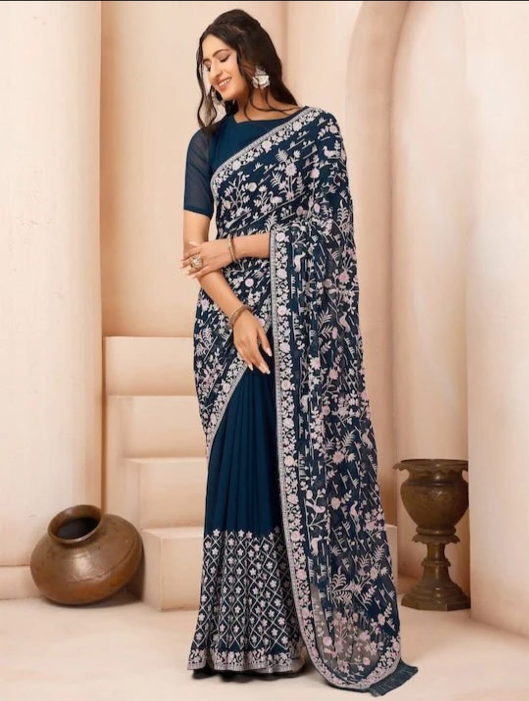 Vamika Embroidery Rama Green Georgette Bollywood Saree - Distacart