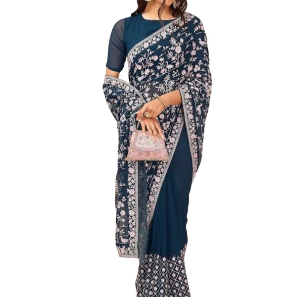 Vamika Embroidery Rama Green Georgette Bollywood Saree - Distacart