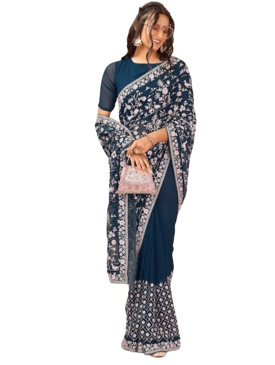 Vamika Embroidery Rama Green Georgette Bollywood Saree - Distacart