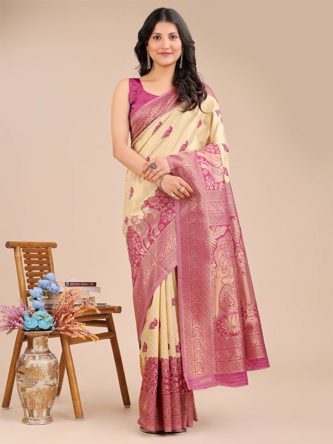 Astita Banarasi Silk Cream & Magenta Saree