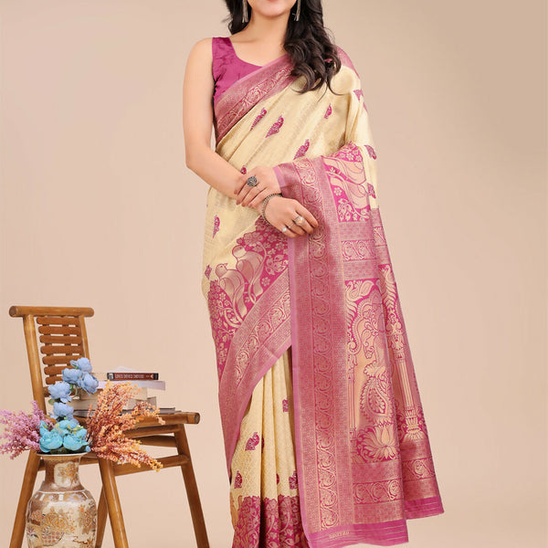 Astita Banarasi Silk Cream & Magenta Saree