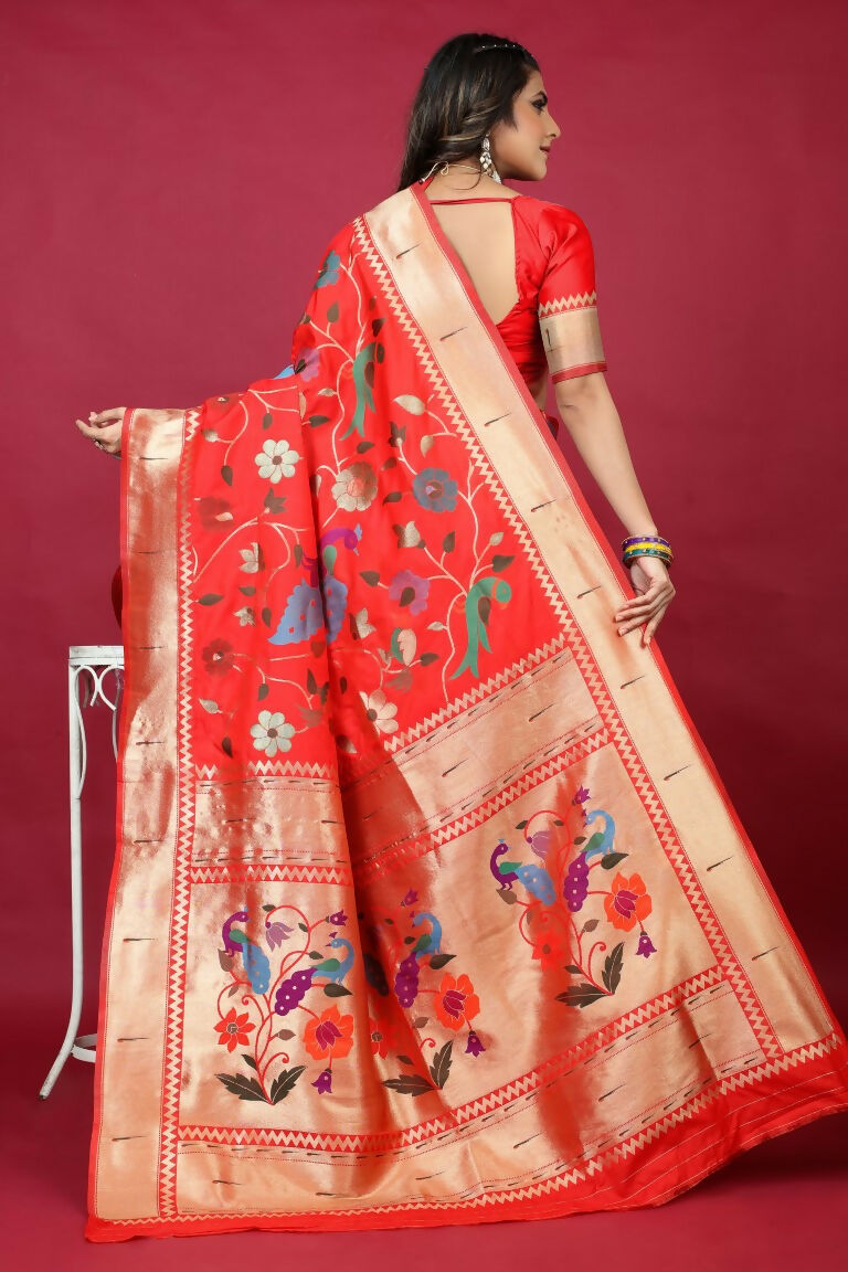 Jyoti Fashion Women's Red Paithani Silk Zari Woven Saree with Blouse - Distacart
