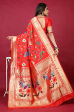 Thumbnail for Jyoti Fashion Women's Red Paithani Silk Zari Woven Saree with Blouse - Distacart