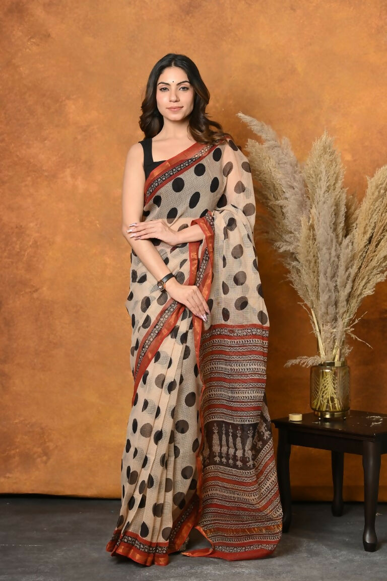 Very Much Indian Handblock Printed Cotton Saree With Natural Dyes - White - Distacart