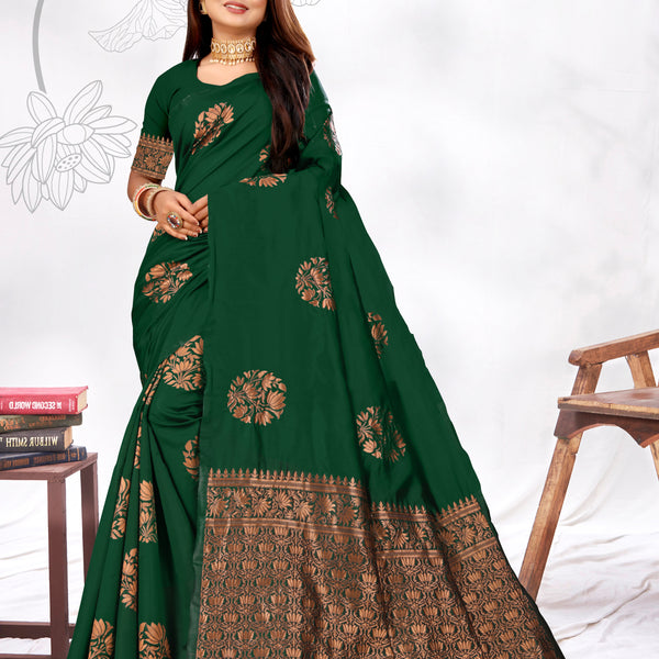Vedant Vastram Litchi Silk Designer Banarasi Saree - Green - Distacart