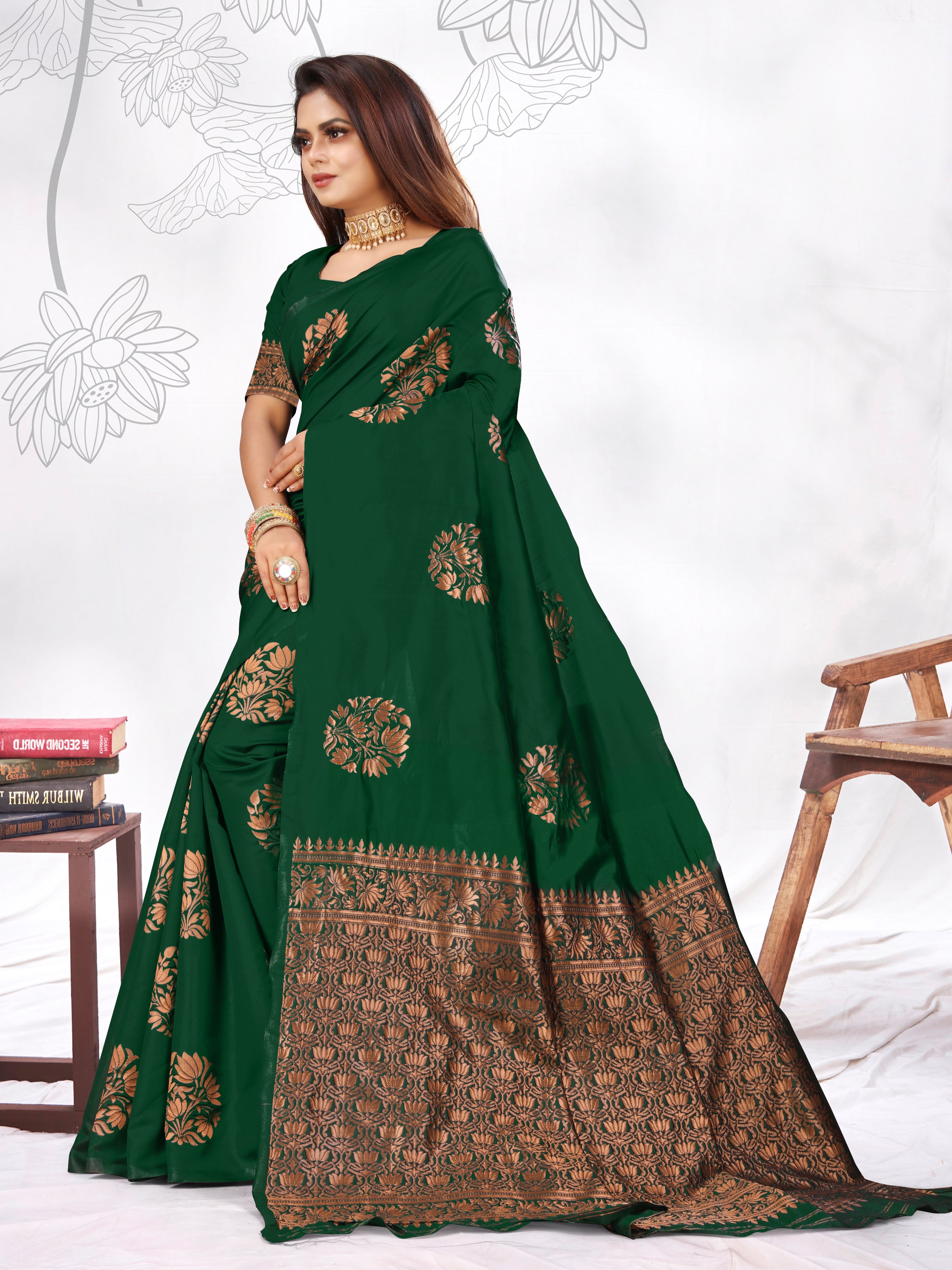 Vedant Vastram Litchi Silk Designer Banarasi Saree - Green - Distacart