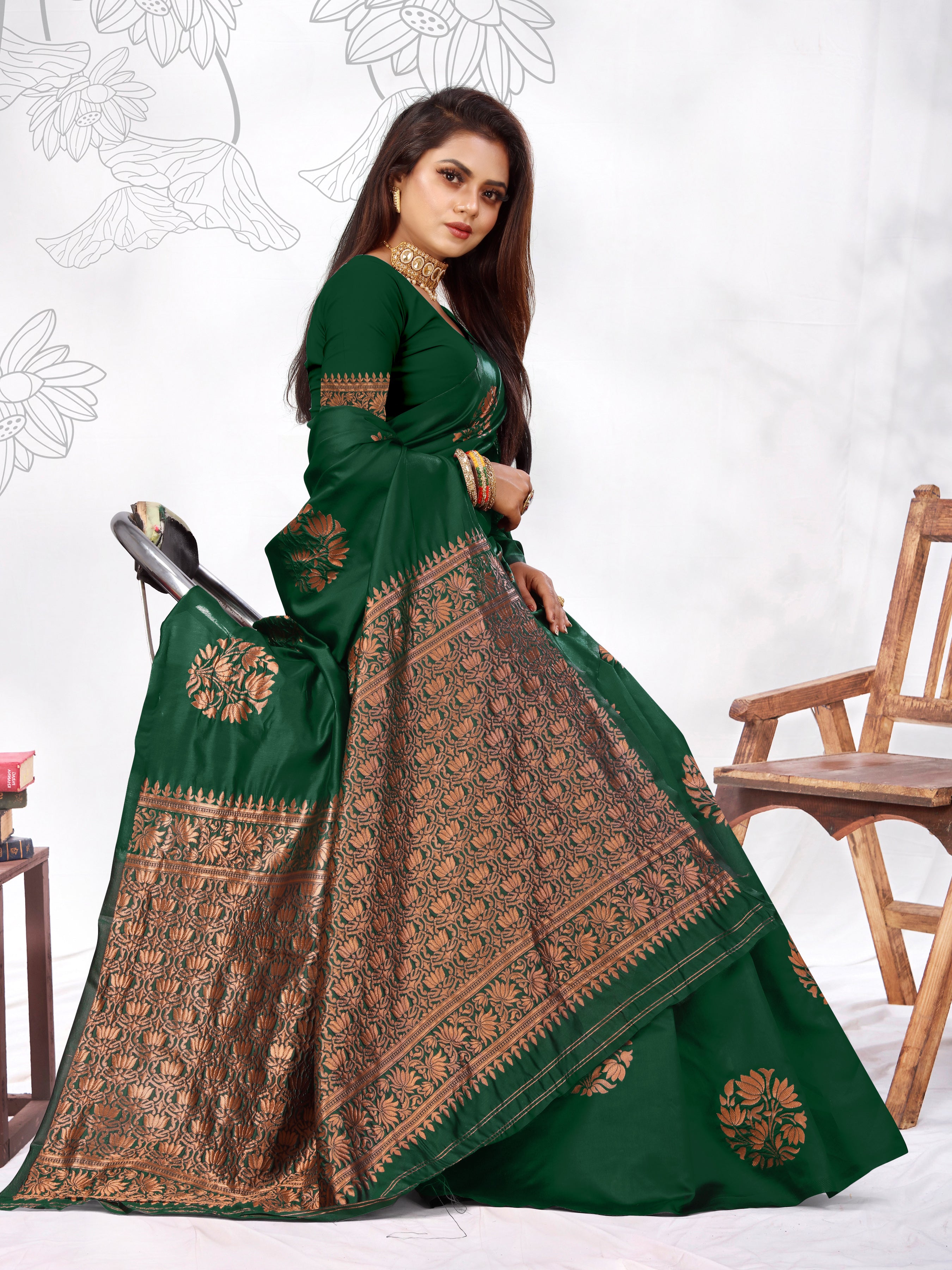 Vedant Vastram Litchi Silk Designer Banarasi Saree - Green - Distacart