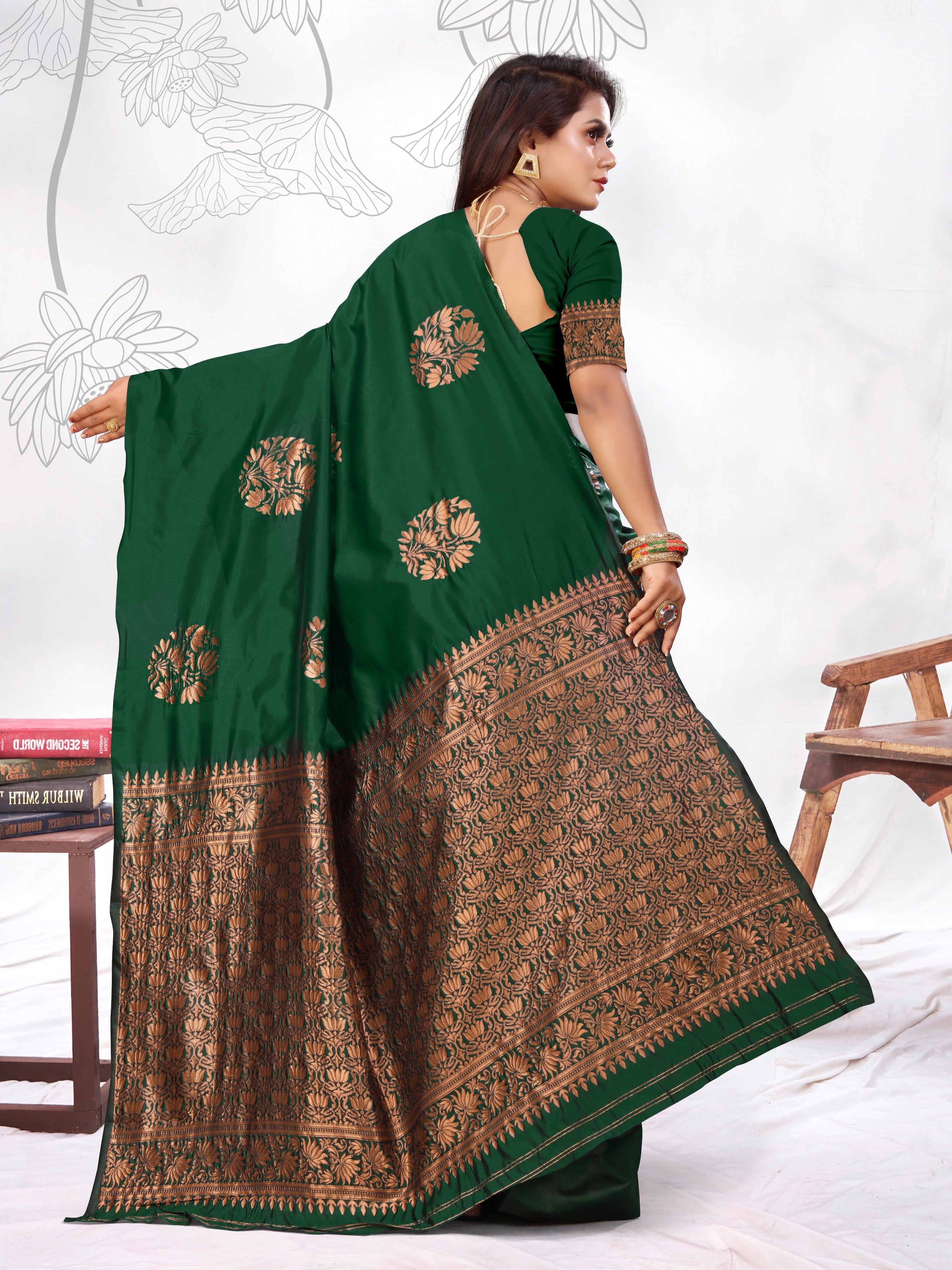 Vedant Vastram Litchi Silk Designer Banarasi Saree - Green - Distacart
