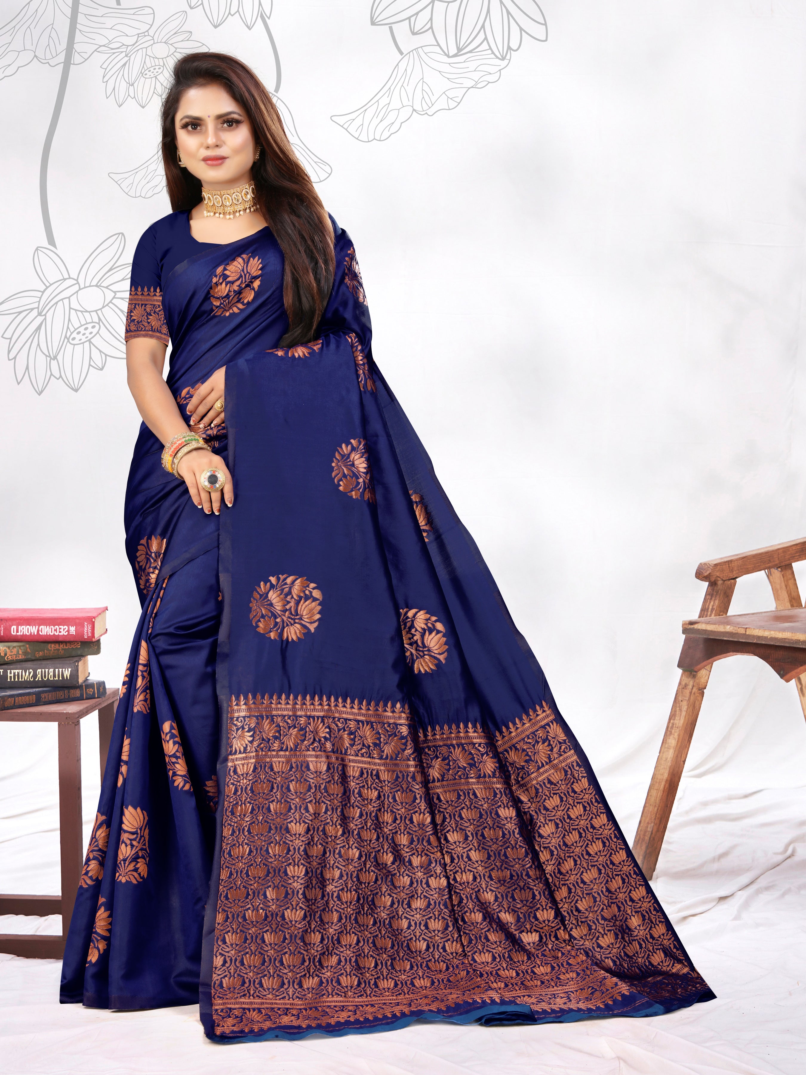 Vedant Vastram Litchi Silk Designer Banarasi Saree - blue - Distacart