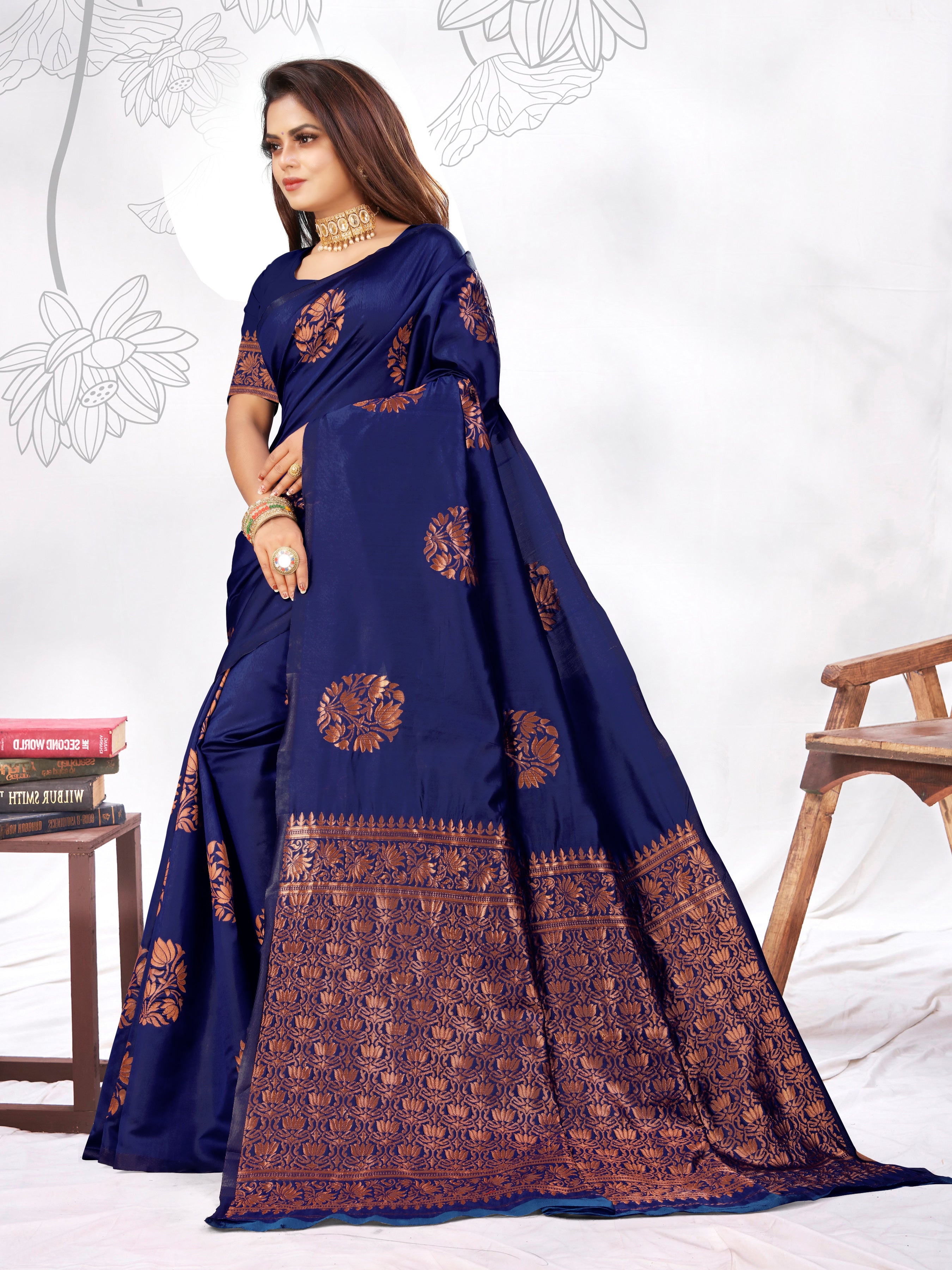 Vedant Vastram Litchi Silk Designer Banarasi Saree - blue - Distacart