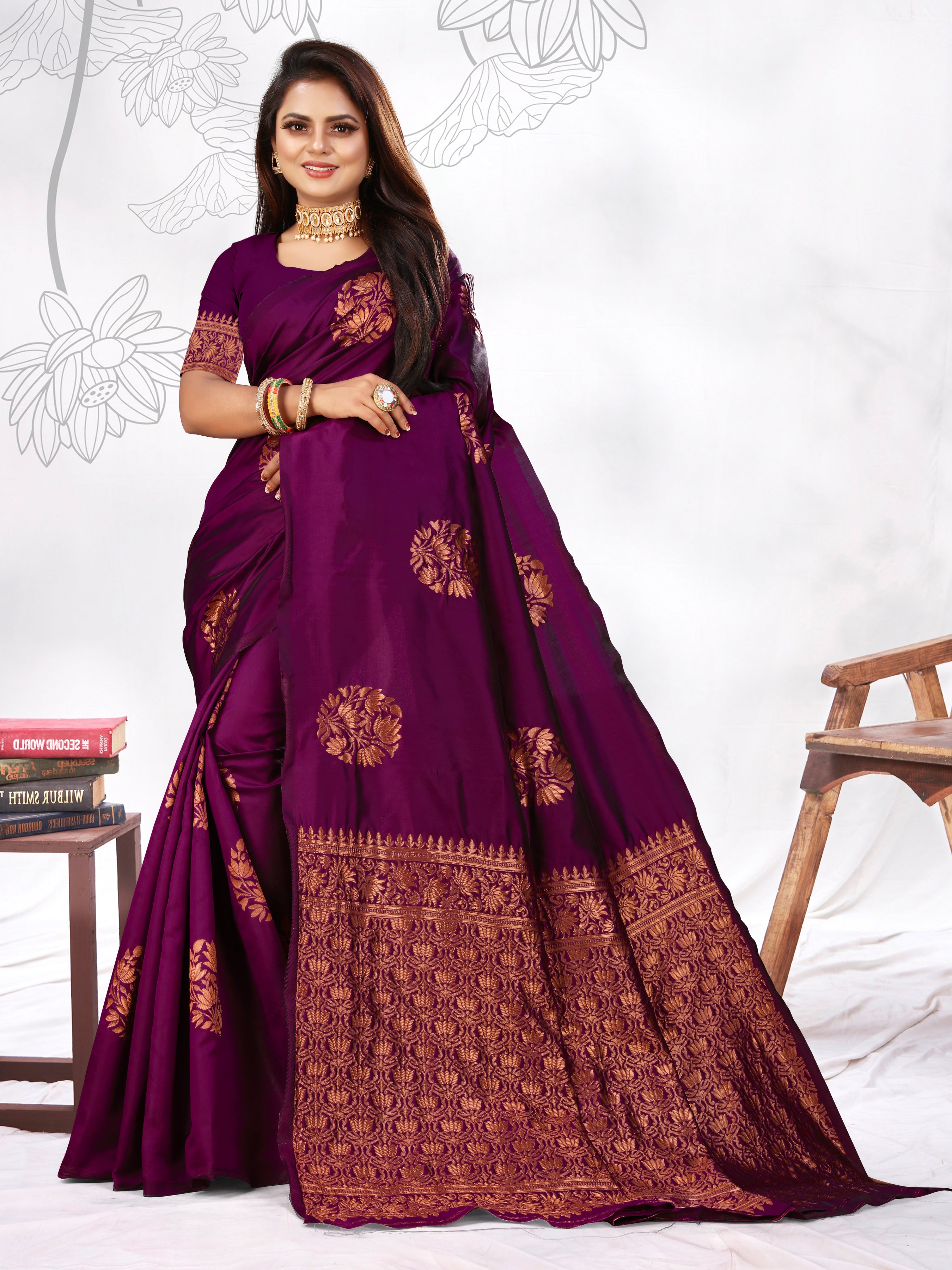 Vedant Vastram Litchi Silk Designer Banarasi Saree - Wine - Distacart