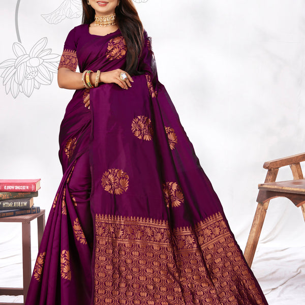 Vedant Vastram Litchi Silk Designer Banarasi Saree - Wine - Distacart