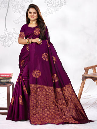 Vedant Vastram Litchi Silk Designer Banarasi Saree - Wine - Distacart