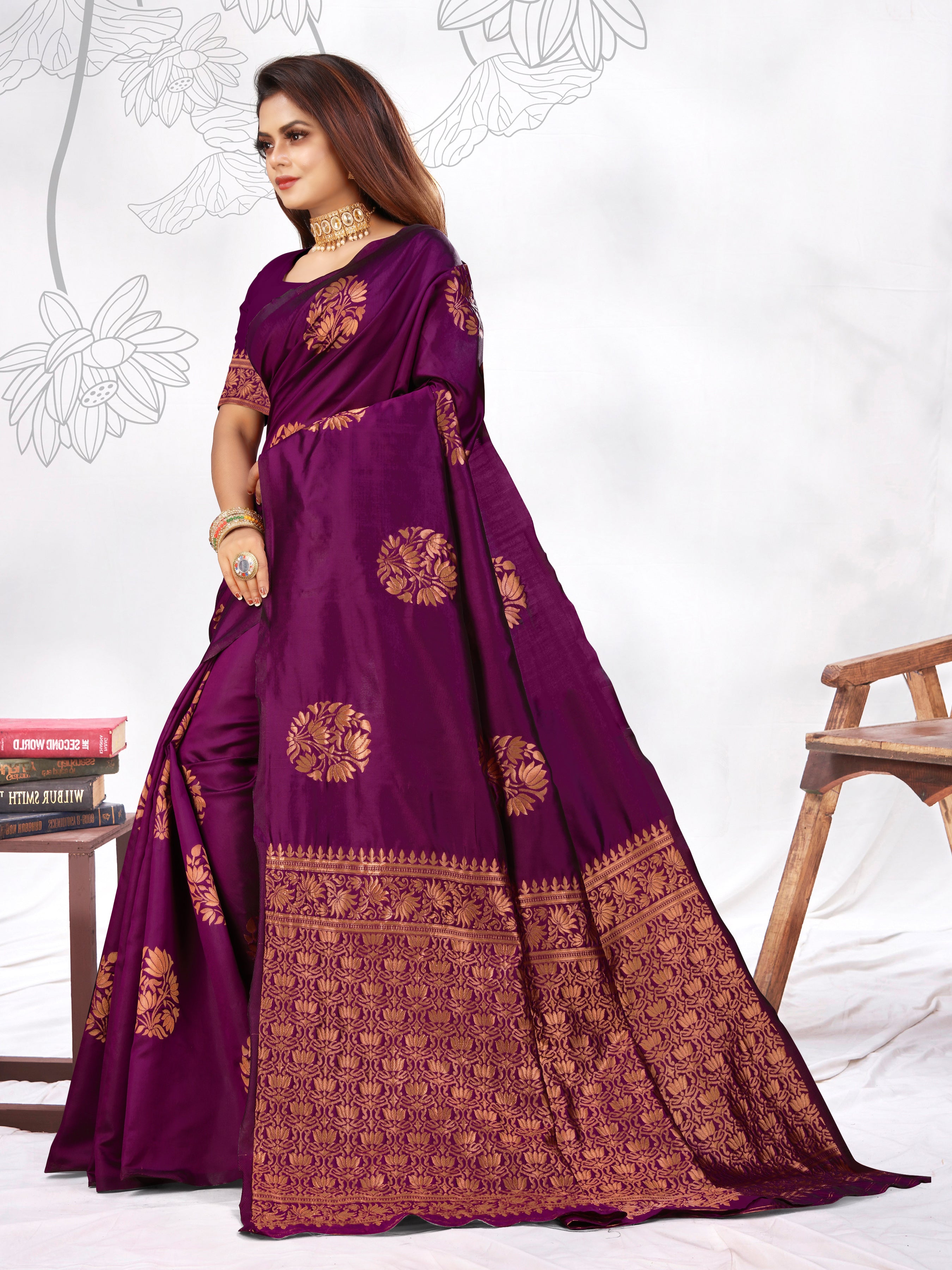 Vedant Vastram Litchi Silk Designer Banarasi Saree - Wine - Distacart