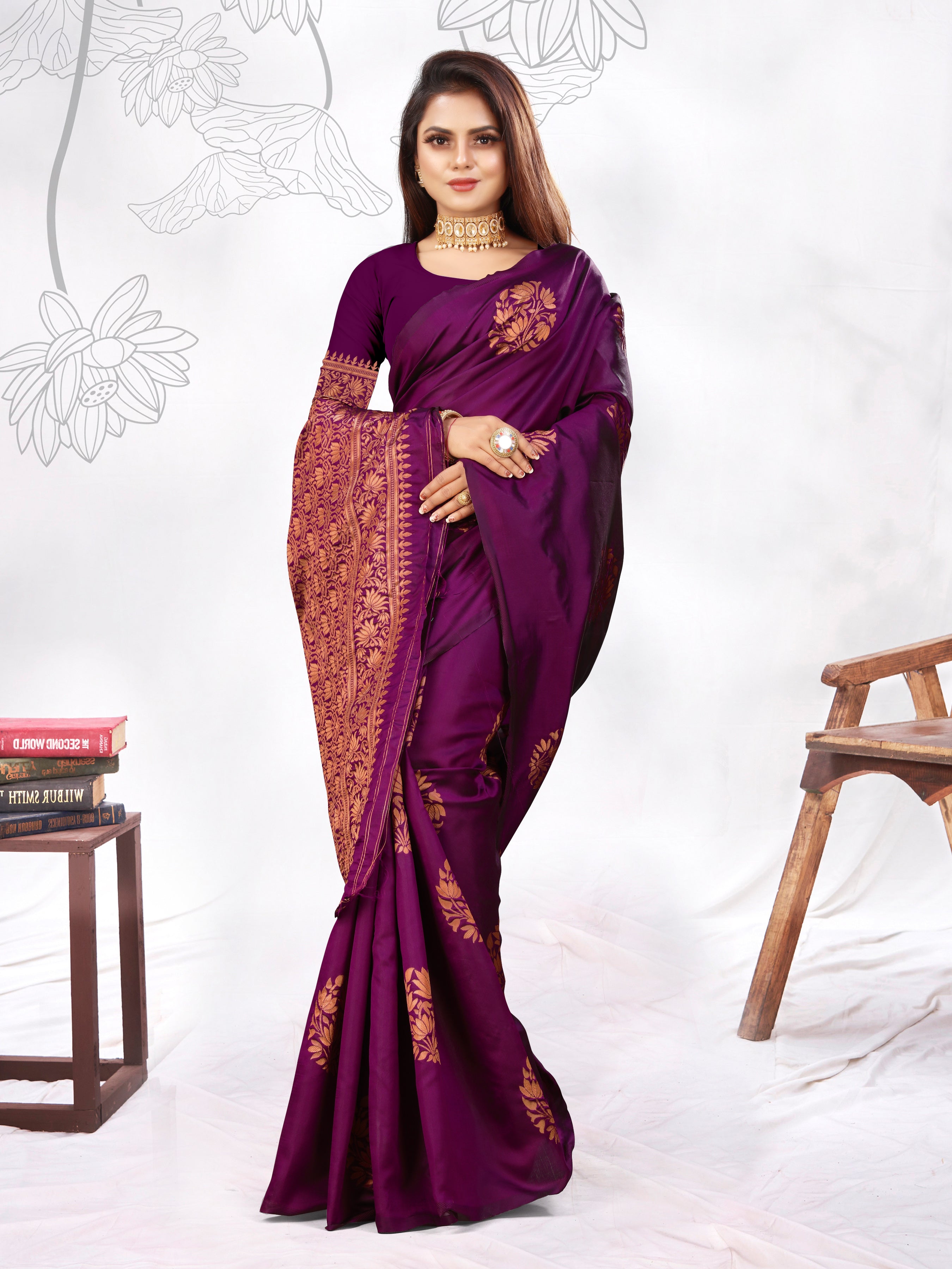 Vedant Vastram Litchi Silk Designer Banarasi Saree - Wine - Distacart