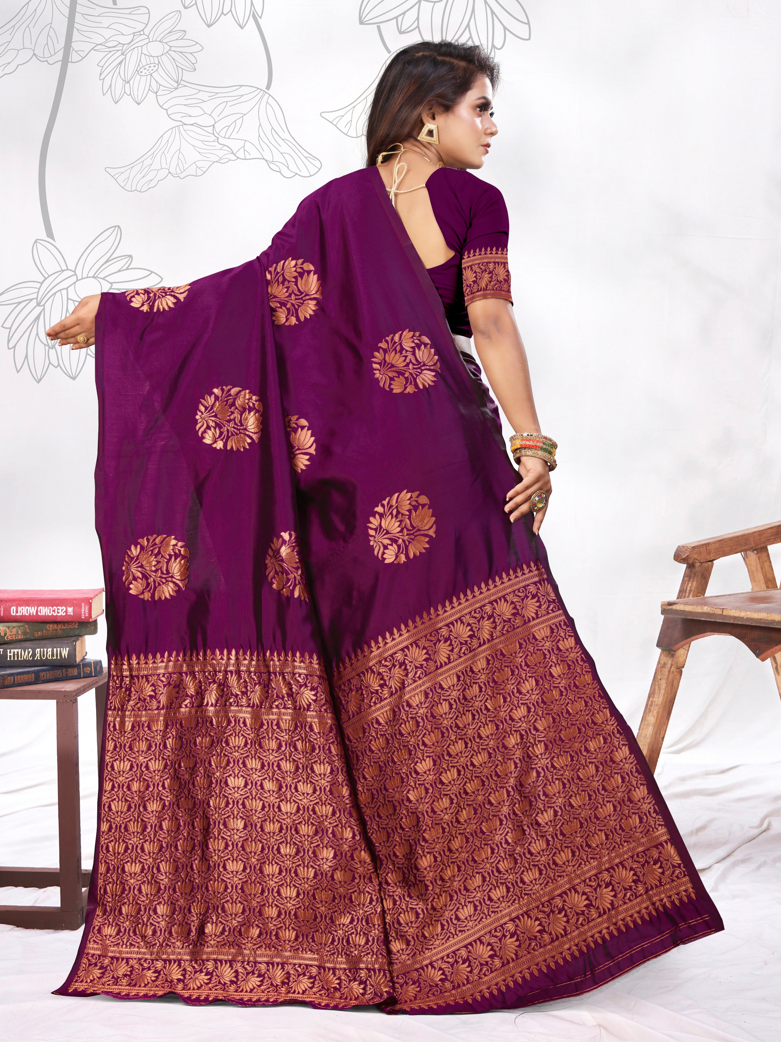 Vedant Vastram Litchi Silk Designer Banarasi Saree - Wine - Distacart
