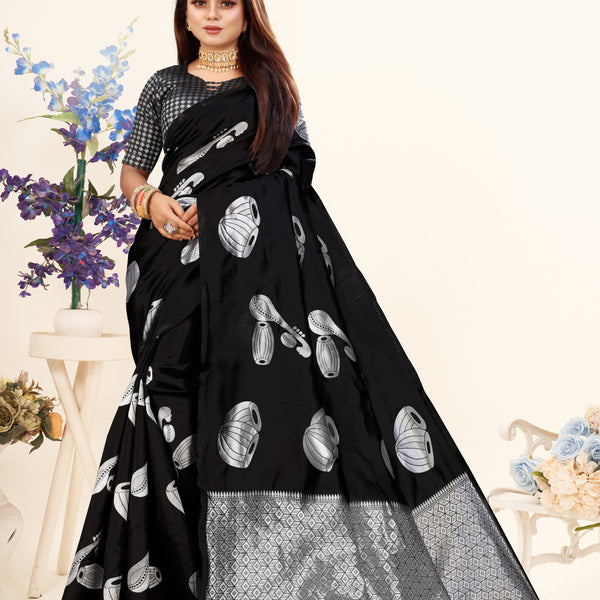 Vedant Vastram Litchi Silk Designer Banarasi Saree - Black - Distacart