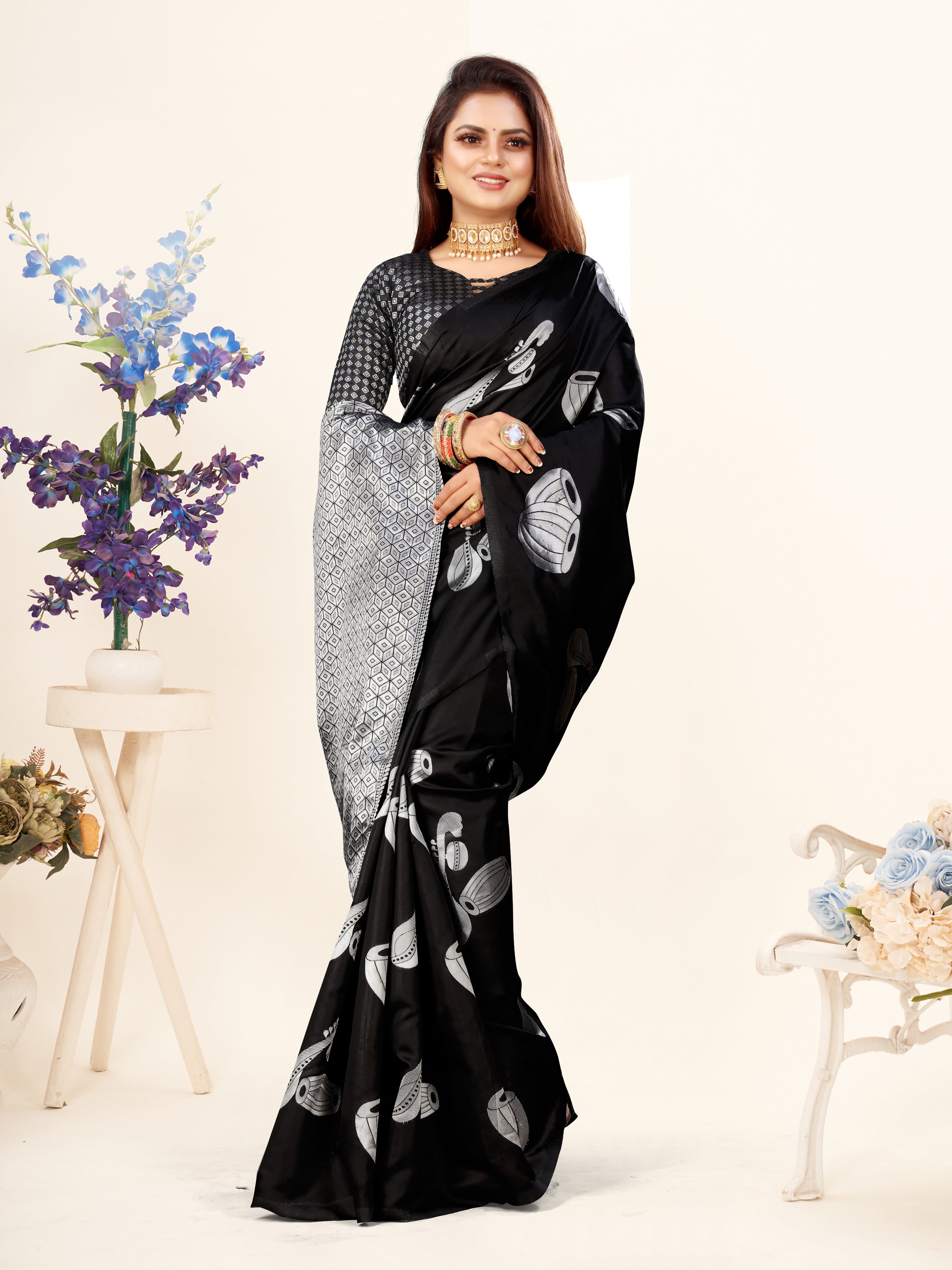 Vedant Vastram Litchi Silk Designer Banarasi Saree - Black - Distacart