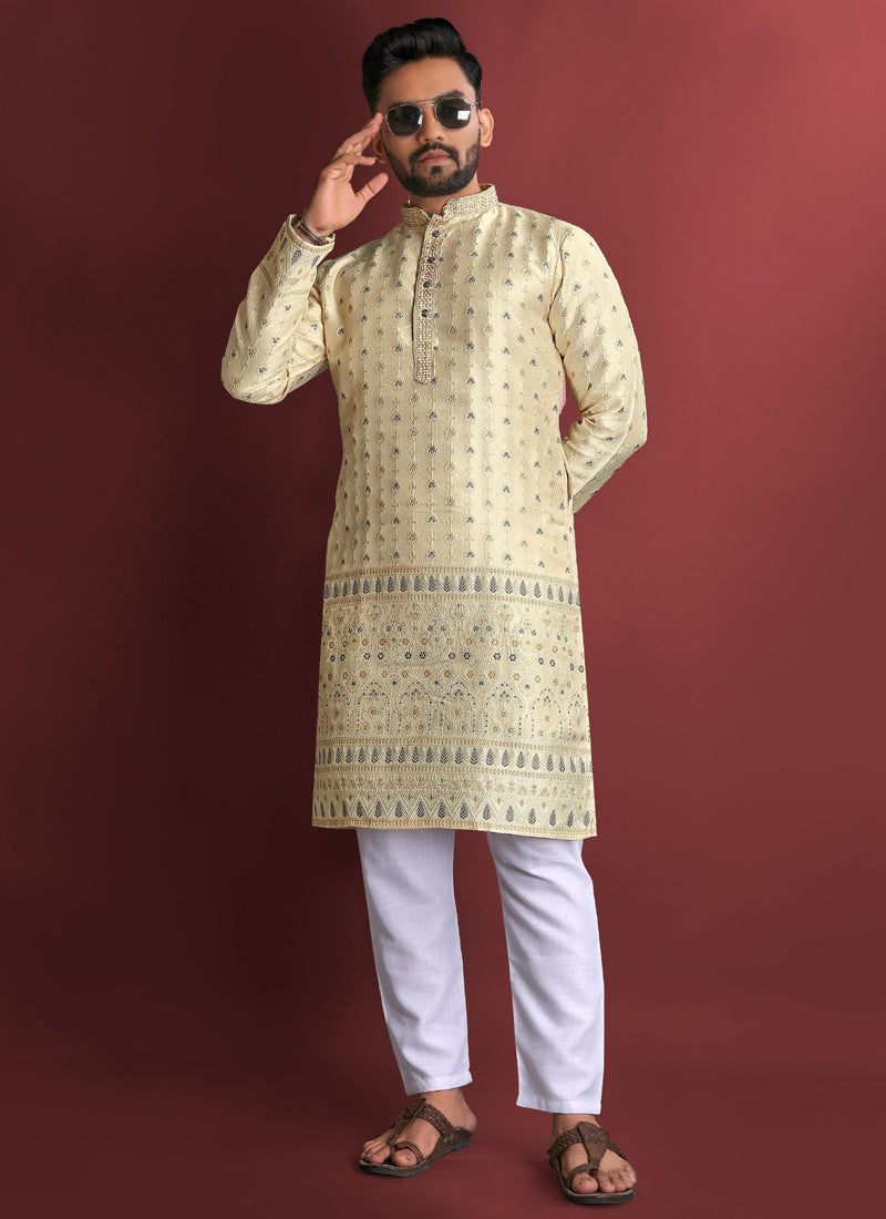 Prazu Fashion Cream Jacquard Silk Amboj Work Kurta