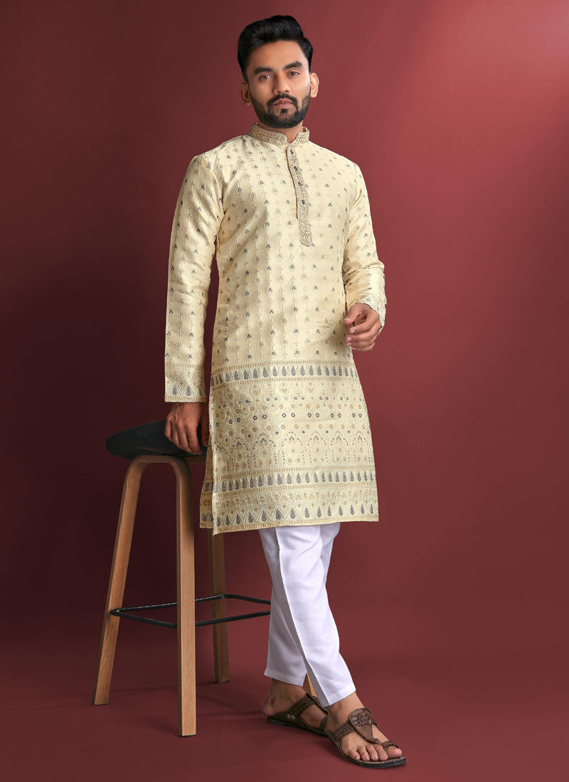 Prazu Fashion Cream Jacquard Silk Amboj Work Kurta