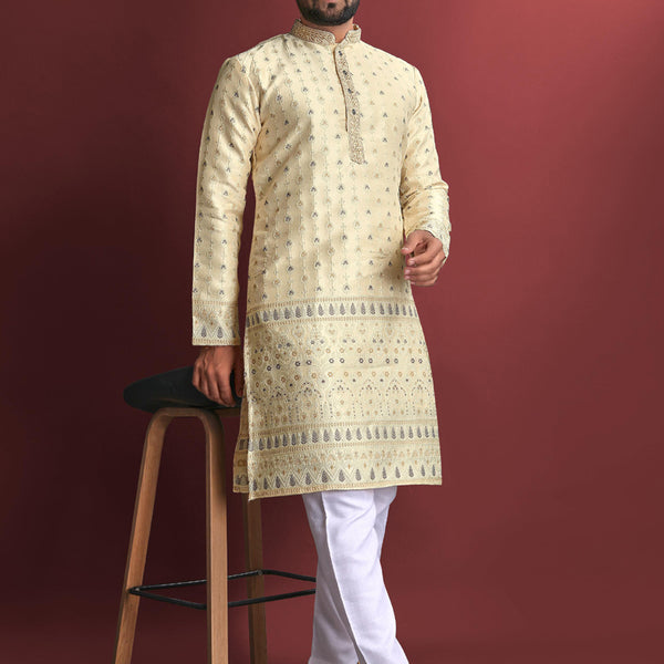Prazu Fashion Cream Jacquard Silk Amboj Work Kurta