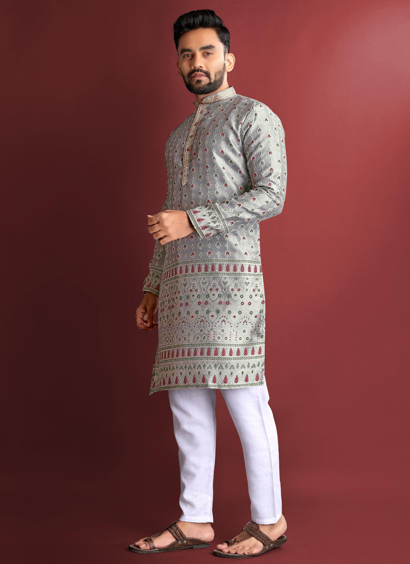 Prazu Fashion Grey Jacquard Silk Amboj Work Kurta