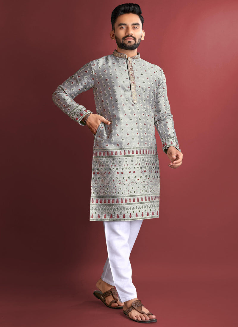 Prazu Fashion Grey Jacquard Silk Amboj Work Kurta