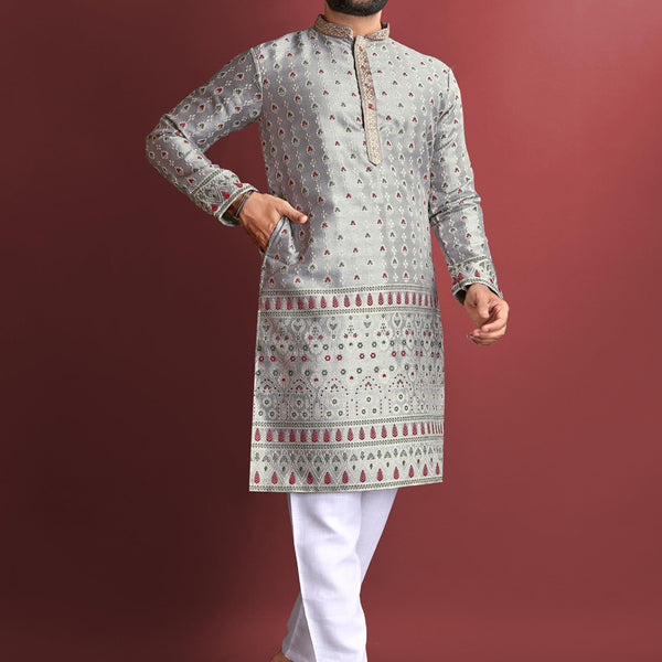 Prazu Fashion Grey Jacquard Silk Amboj Work Kurta