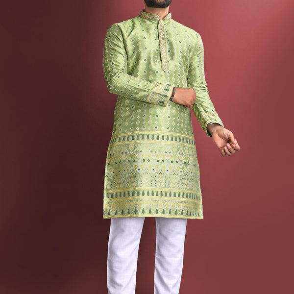 Prazu Fashion Light Green Jacquard Silk Amboj Work Kurta