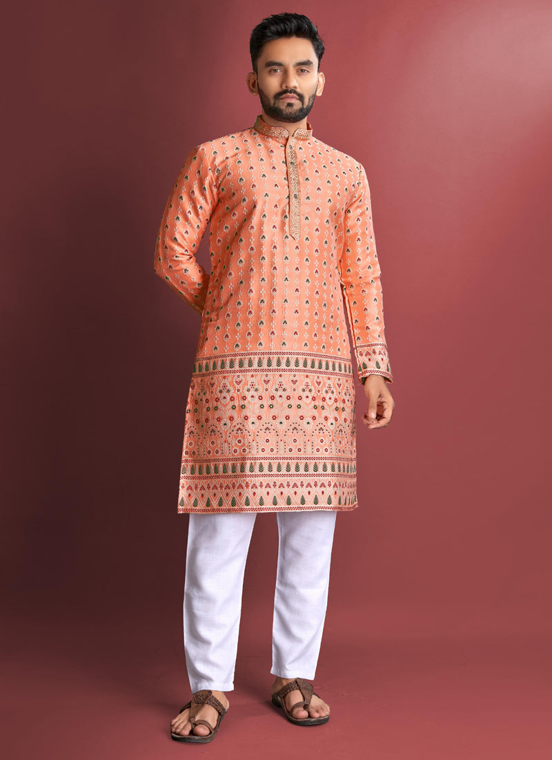Prazu Fashion Orange Jacquard Silk Amboj Work Kurta