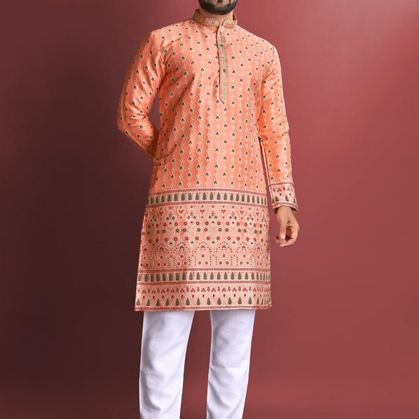 Prazu Fashion Orange Jacquard Silk Amboj Work Kurta