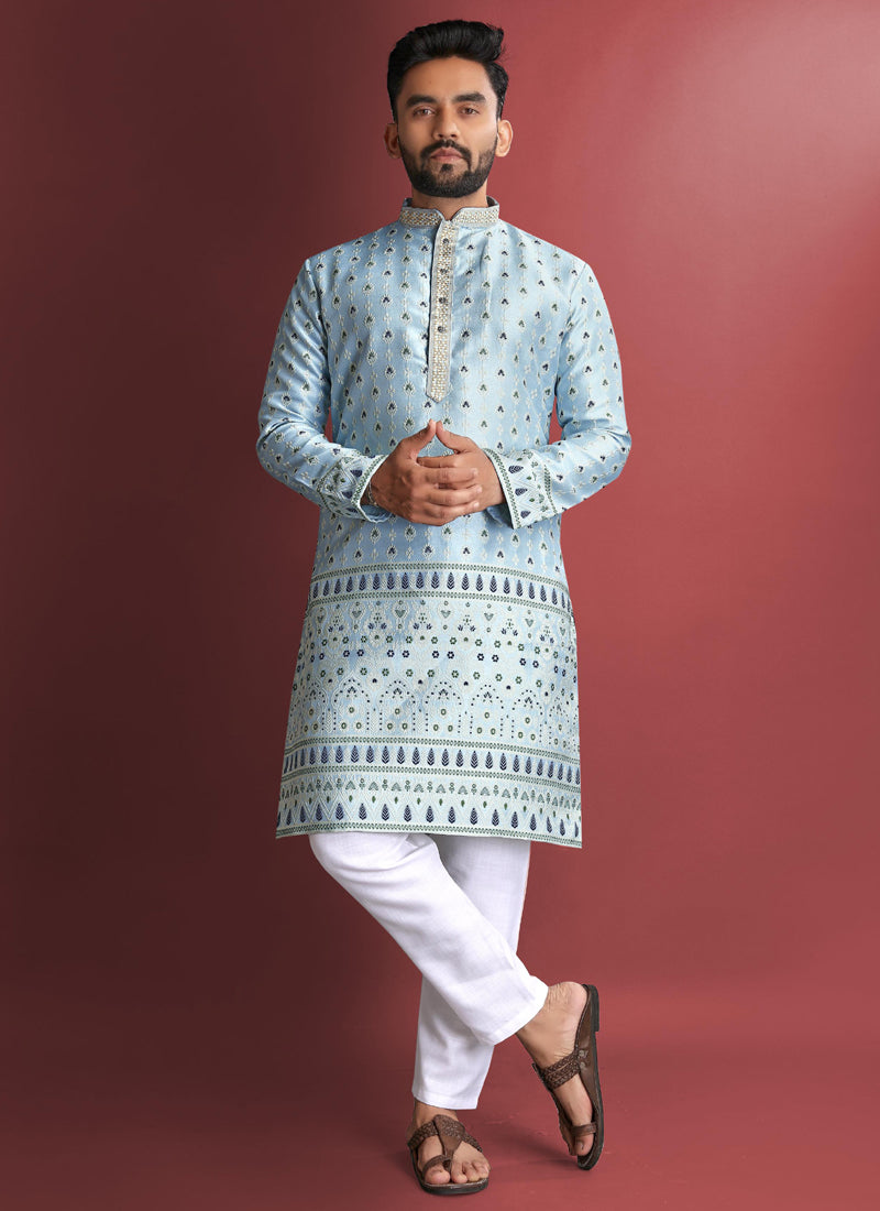 Prazu Fashion Sky Blue Jacquard Silk Amboj Work Kurta