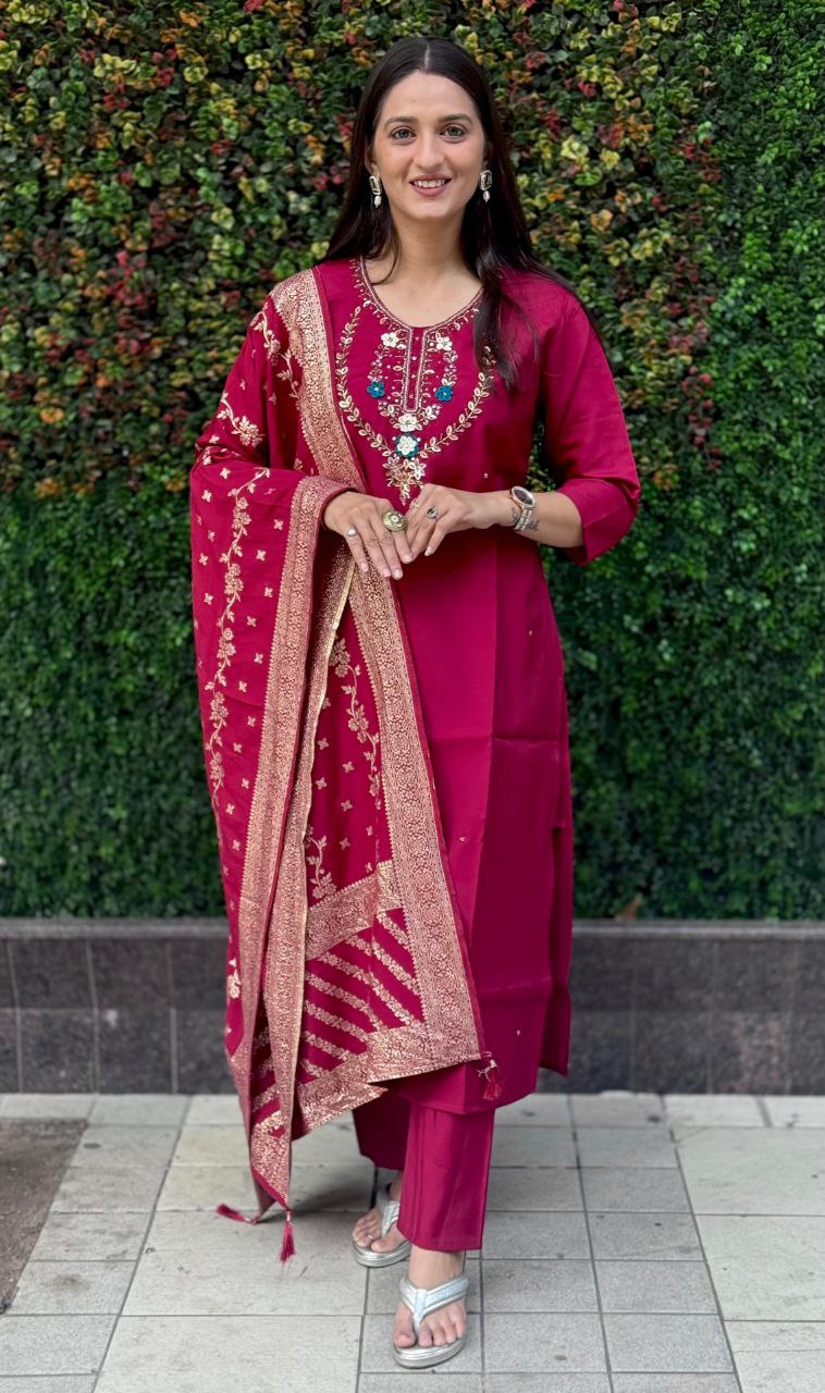 Lorenvalley Fashion Maroon Roman Silk Hand Work Kurta Pant with Dupatta