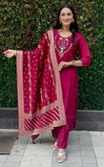 Thumbnail for Lorenvalley Fashion Maroon Roman Silk Hand Work Kurta Pant with Dupatta