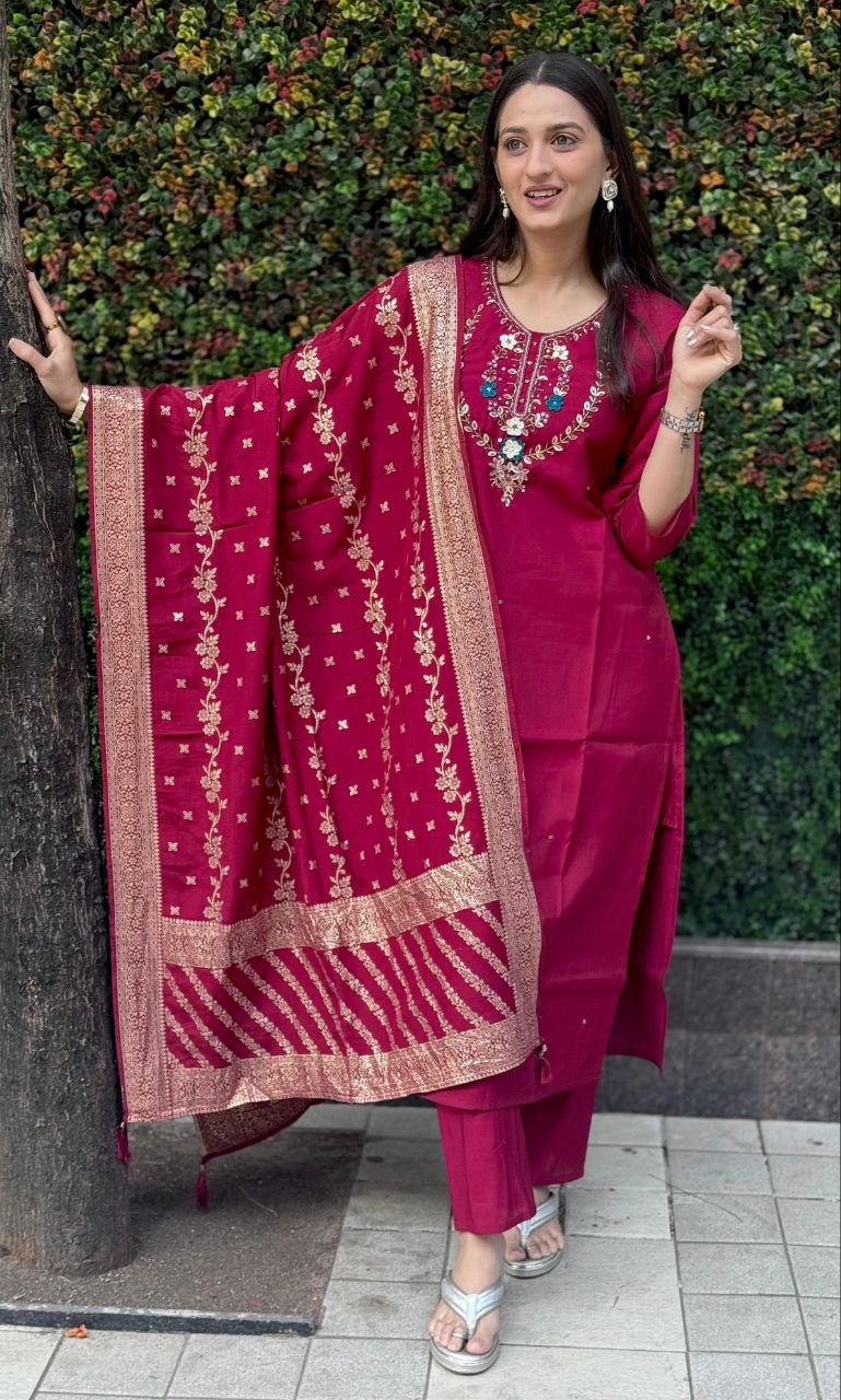 Lorenvalley Fashion Maroon Roman Silk Hand Work Kurta Pant with Dupatta