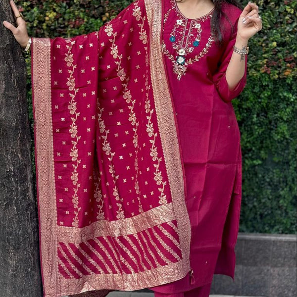 Lorenvalley Fashion Maroon Roman Silk Hand Work Kurta Pant with Dupatta - Distacart