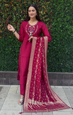 Thumbnail for Lorenvalley Fashion Maroon Roman Silk Hand Work Kurta Pant with Dupatta