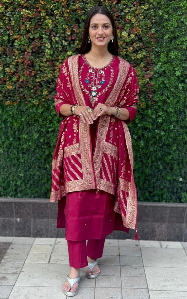 Lorenvalley Fashion Maroon Roman Silk Hand Work Kurta Pant with Dupatta