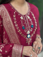 Thumbnail for Lorenvalley Fashion Maroon Roman Silk Hand Work Kurta Pant with Dupatta